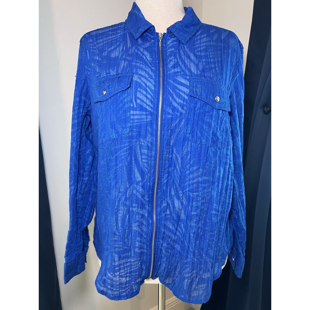 CHICO'S (L) Royal Blue‎ Crinkle L/S Blouse-Jacket-Full Zip Lightweight-Sheer